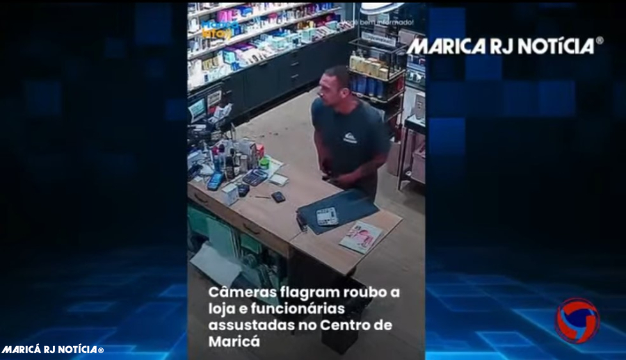 Homem armado assalta loja de perfumes no Centro de Maricá; crime foi registrado por câmeras de segurança
